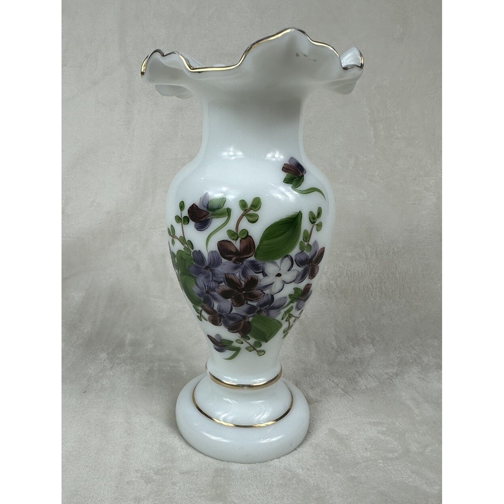 Vintage Bristol Opaline Milk Glass, Hand Painted 10" Ruffled Vase w/ Gold Trim